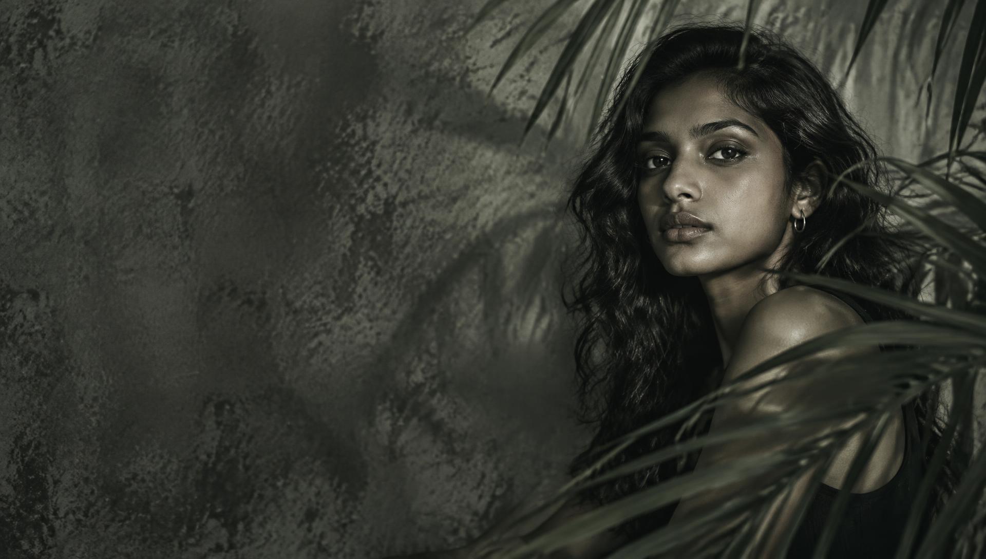Sri Lankan singer framed by tropical palm leaves